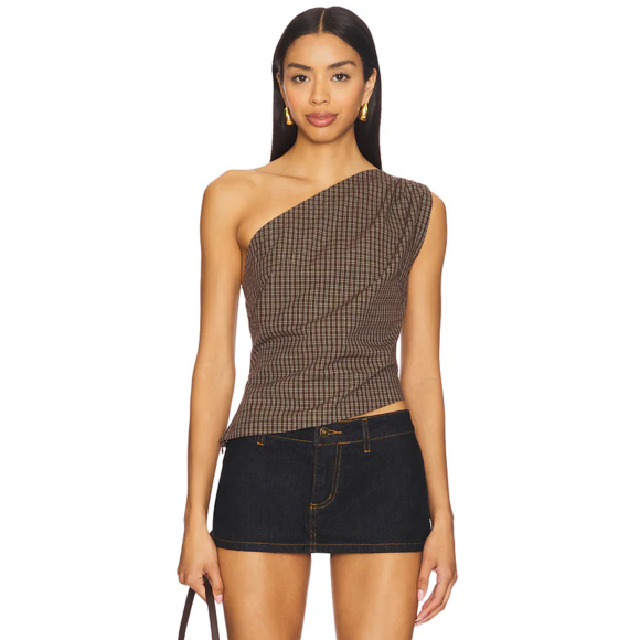 With Jean Tops - With Jean Arthur Top in Check in Brown